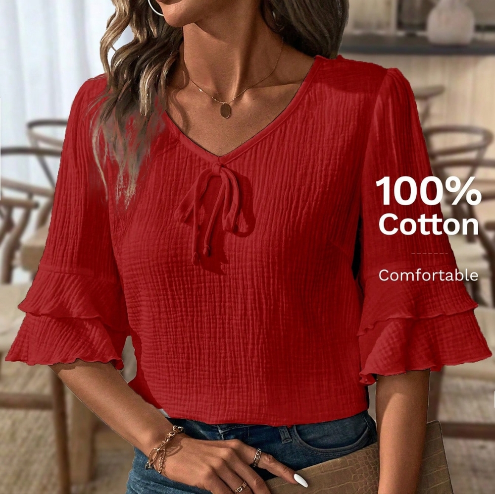 RED RUFFLED SHORT SLEEVE COTTON V-NECK TOP-(NEW)